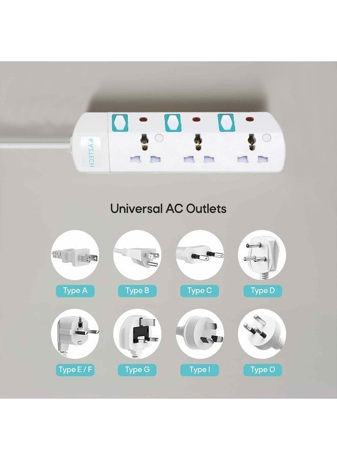 Aztech كابل تمديد كهربائي 3 طرق 3M 3250W مع 3 مآخذ عالمية ومفاتيح فردية ومؤشرات LED معتمد من ECAS - Image 2